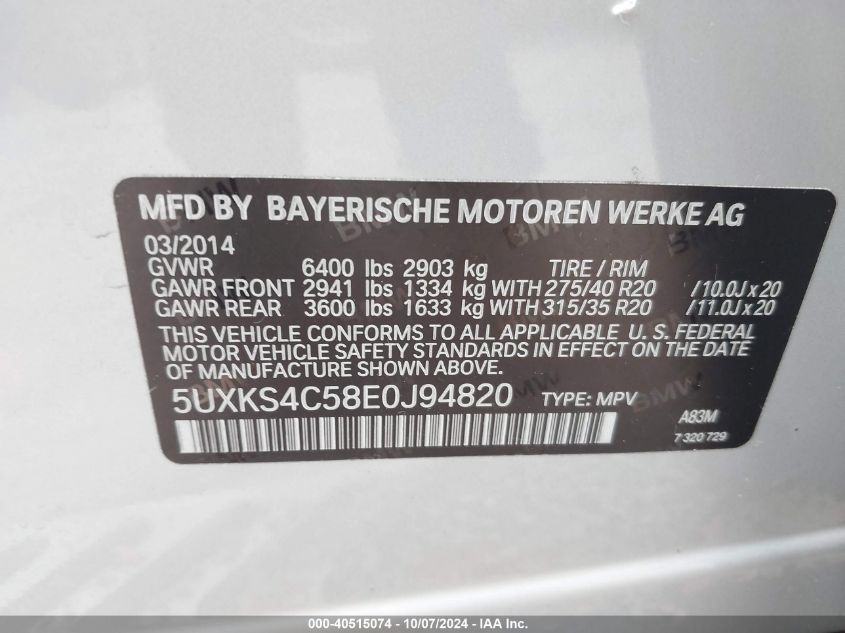 5UXKS4C58E0J94820 2014 BMW X5 xDrive35D