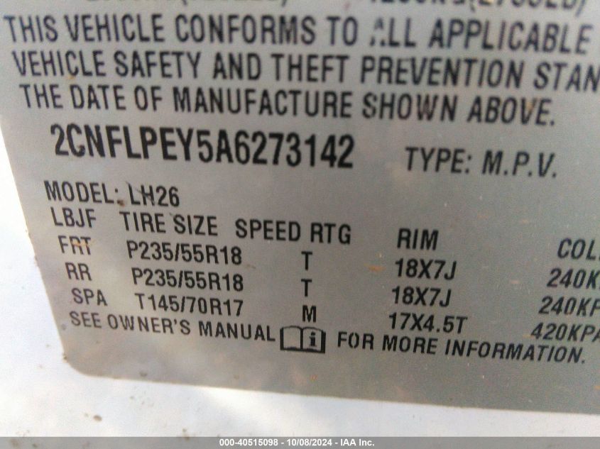 2CNFLPEY5A6273142 2010 Chevrolet Equinox Lt