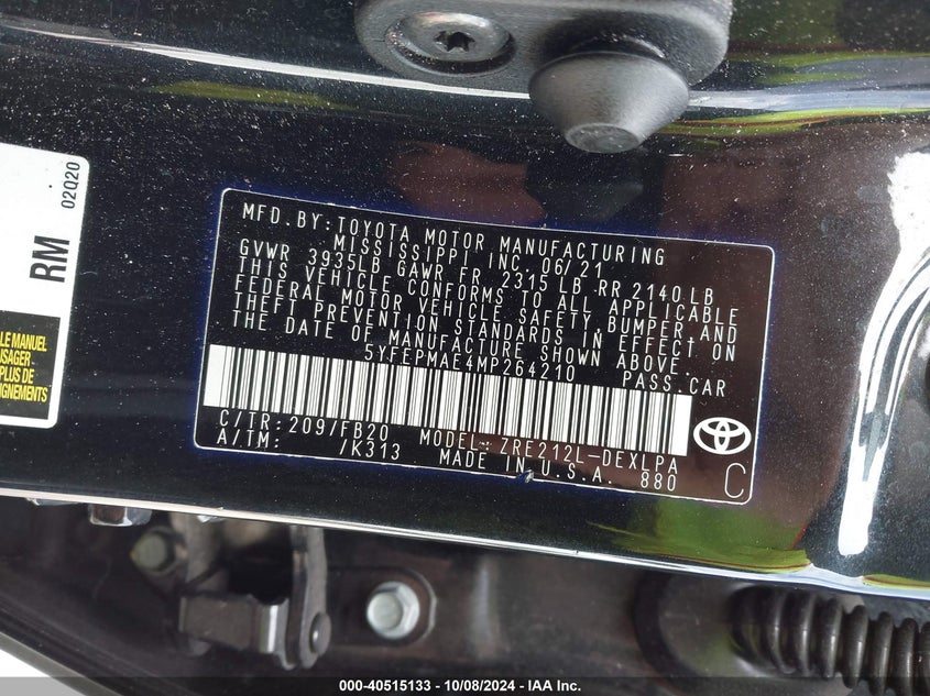 VIN 5YFEPMAE4MP264210 2021 TOYOTA COROLLA LE