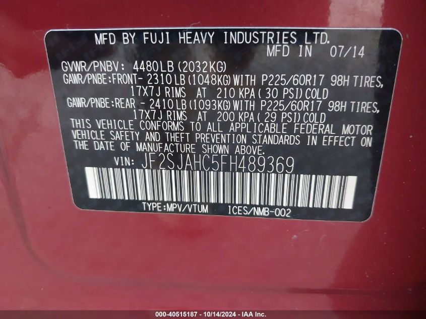 2015 Subaru Forester 2.5I Limited VIN: JF2SJAHC5FH489369 Lot: 40515187