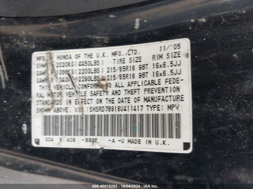 2006 Honda Cr-V Se VIN: SHSRD78916U411417 Lot: 40515202