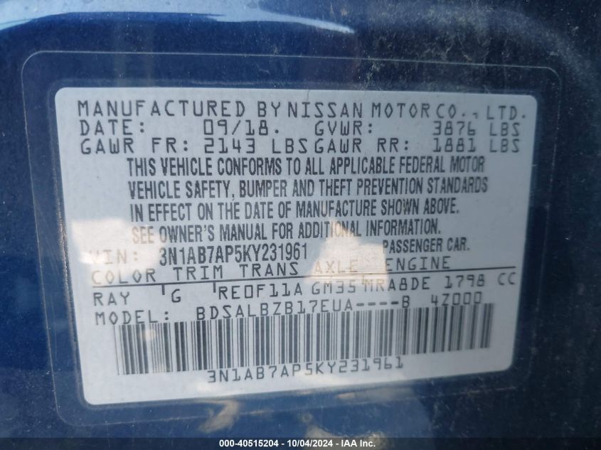 3N1AB7AP5KY231961 2019 Nissan Sentra S