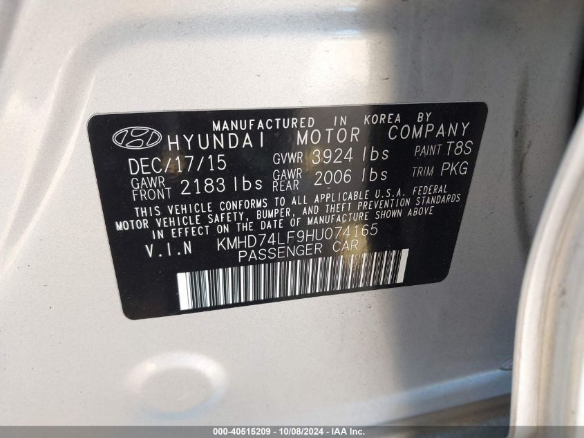 KMHD74LF9HU074165 2017 Hyundai Elantra Se