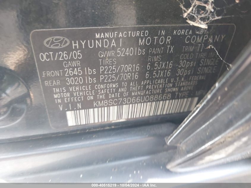 KM8SC73D66U088668 2006 Hyundai Santa Fe Gls