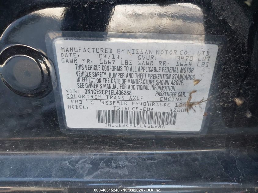 3N1CE2CP1EL436288 2014 Nissan Versa Note S (Sr)