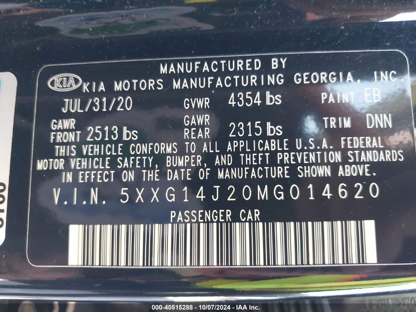 2021 Kia K5 Lxs VIN: 5XXG14J20MG014620 Lot: 40515288