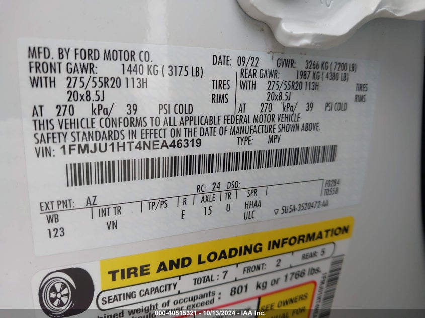 VIN 1FMJU1HT4NEA46319 2022 FORD EXPEDITION XLT