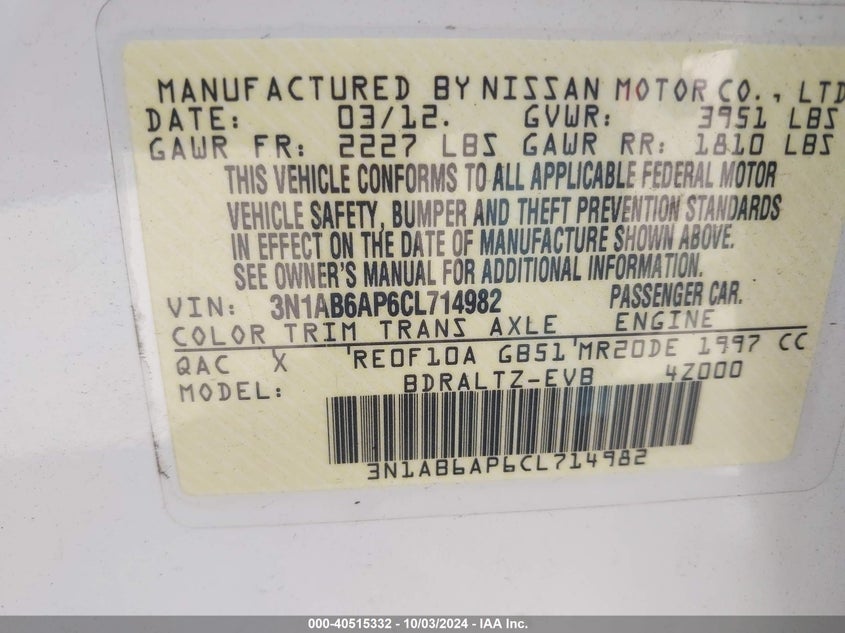 3N1AB6AP6CL714982 2012 Nissan Sentra 2.0 Sr