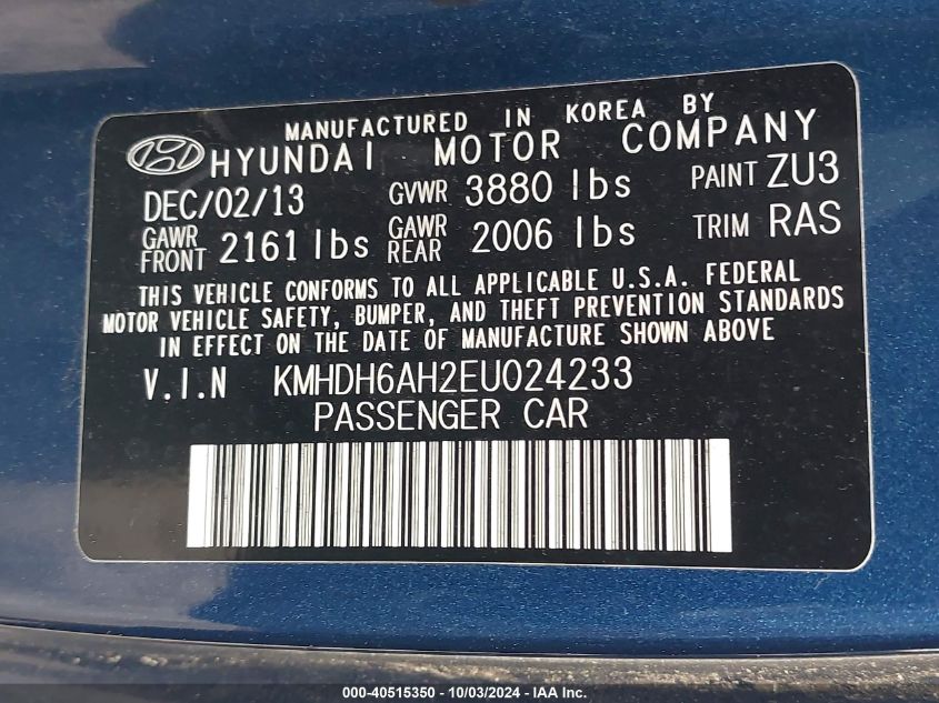 2014 Hyundai Elantra VIN: KMHDH6AH2EU024233 Lot: 40515350