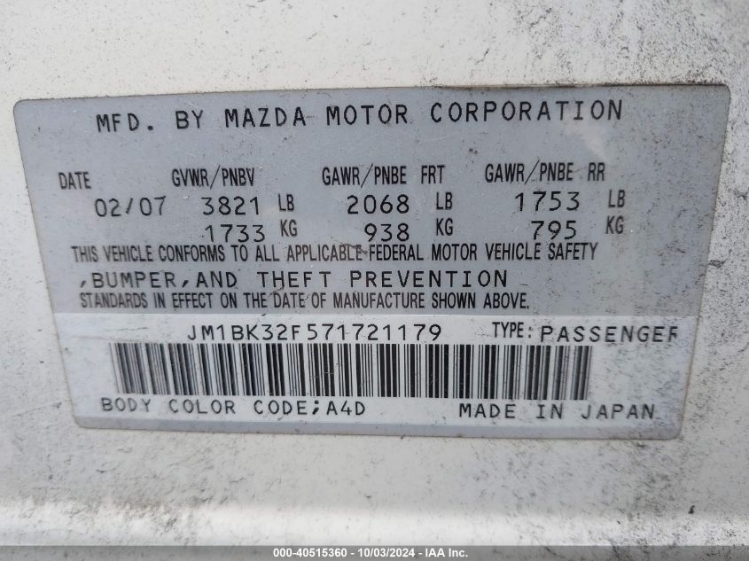 JM1BK32F571721179 2007 Mazda Mazda3 I Sport