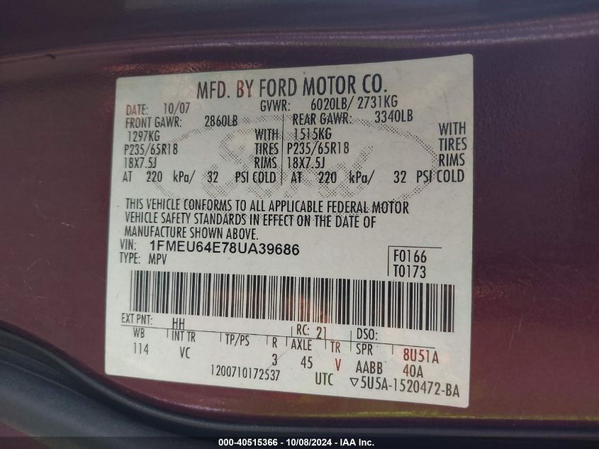 1FMEU64E78UA39686 2008 Ford Explorer Eddie Bauer