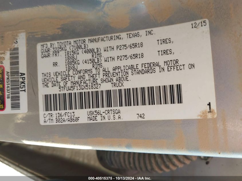 2016 TOYOTA TUNDRA SR5 5.7L V8 - 5TFUW5F13GX518327