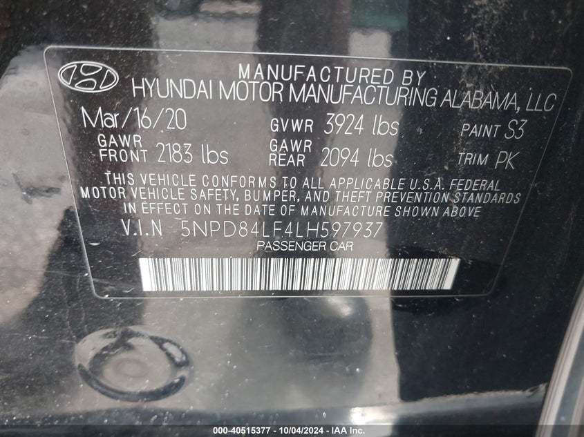 5NPD84LF4LH597937 2020 Hyundai Elantra Limited