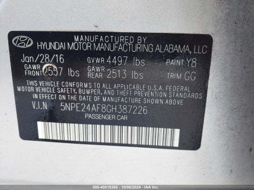 5NPE24AF8GH387226 2016 Hyundai Sonata Se