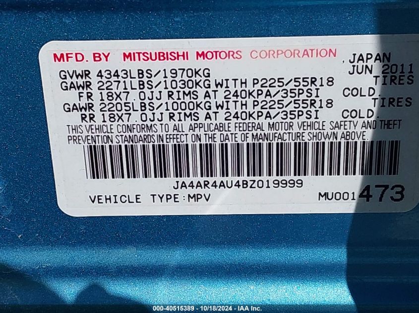 2011 Mitsubishi Outlander Sport Se VIN: JA4AR4AU4BZ019999 Lot: 40515389