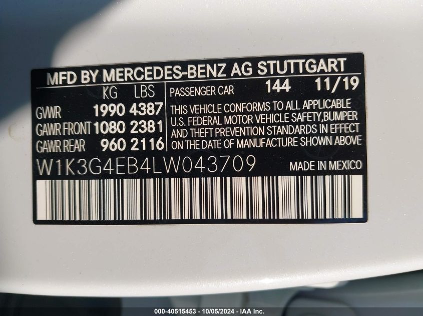 2020 Mercedes-Benz A 220 VIN: W1K3G4EB4LW043709 Lot: 40515453