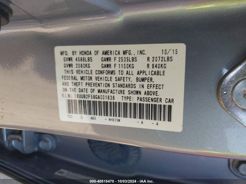 19UUB2F58GA001638 2016 Acura Tlx V6 Tech