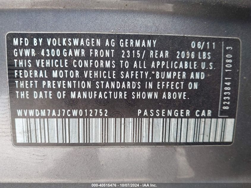 WVWDM7AJ7CW012752 2012 Volkswagen Golf Tdi 4-Door