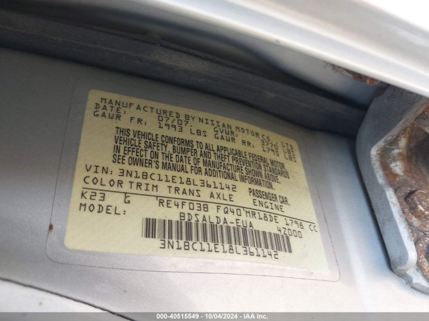 3N1BC11E18L361142 2008 Nissan Versa 1.8S