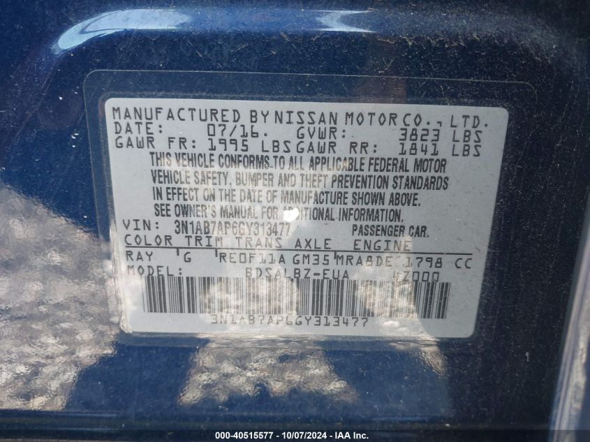 3N1AB7AP6GY313477 2016 Nissan Sentra S