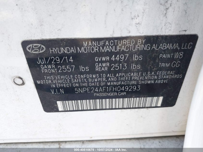 005NPE24AF1FH0492 2015 Hyundai Sonata Se