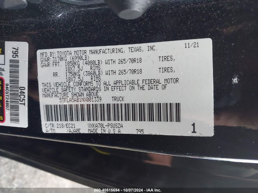 2022 Toyota Tundra Sr5 VIN: 5TFLA5AB1NX001339 Lot: 40515694