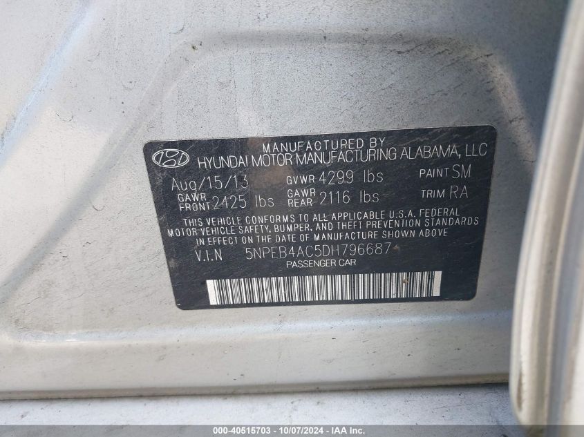 5NPEB4AC5DH796687 2013 Hyundai Sonata Gls