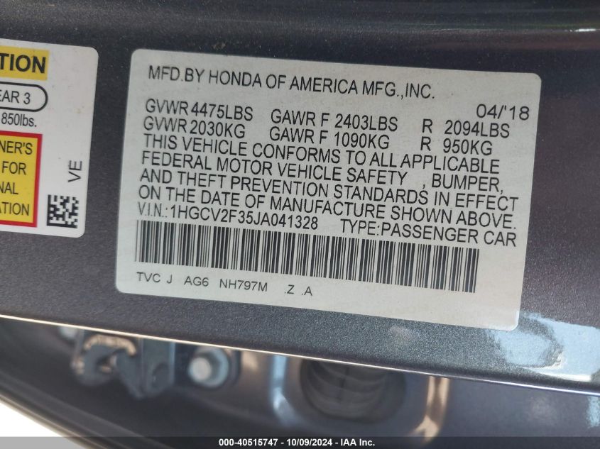 1HGCV2F35JA041328 2018 Honda Accord Sport 2.0T