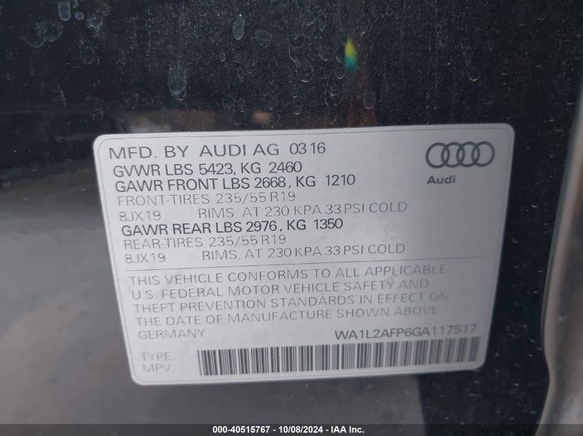 2016 Audi Q5 Premium Plus VIN: WA1L2AFP6GA117517 Lot: 40515767