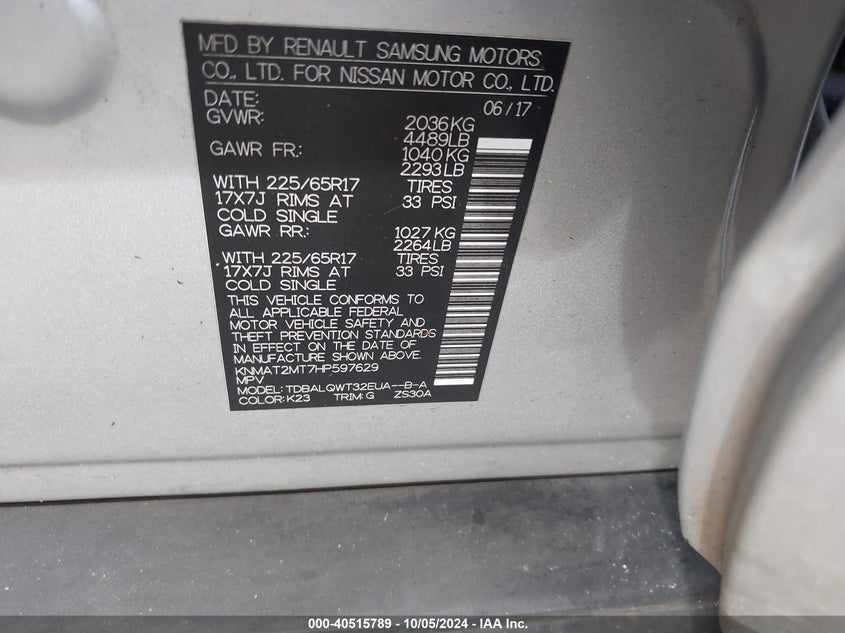VIN KNMAT2MT7HP597629 2017 NISSAN ROGUE SV