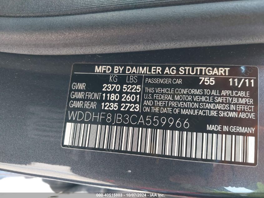 2012 Mercedes-Benz E 350 4Matic VIN: WDDHF8JB3CA559966 Lot: 40515803