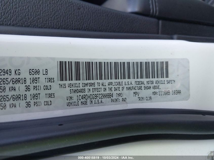 2015 Dodge Durango Limited VIN: 1C4RDHDG9FC200884 Lot: 40515819