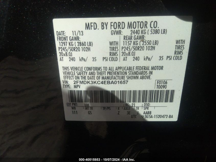 2FMDK3KC4EBA01657 2014 Ford Edge Limited