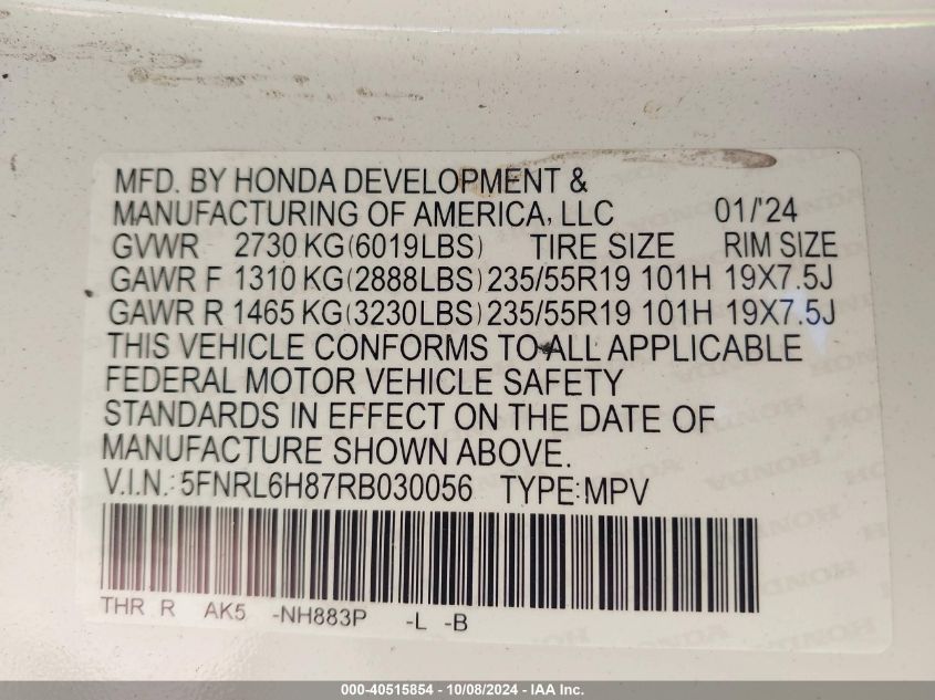 VIN 5FNRL6H87RB030056 2024 Honda Odyssey, Touring no.9