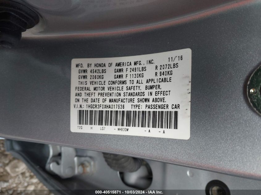 1HGCR3F0XHA017536 2017 Honda Accord Ex-L V6