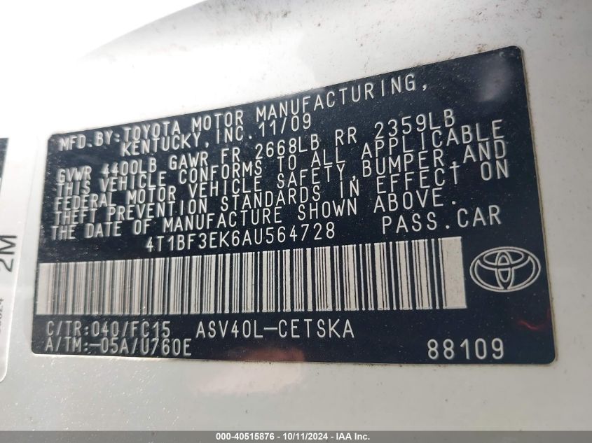 4T1BF3EK6AU564728 2010 Toyota Camry Se