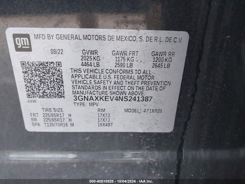 3GNAXKEV4NS241387 2022 Chevrolet Equinox Fwd Lt