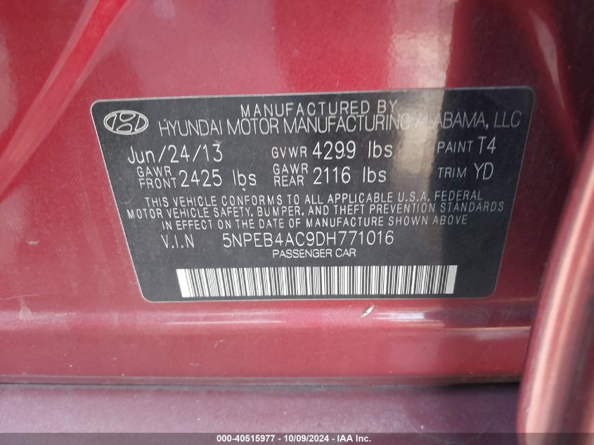 5NPEB4AC9DH771016 2013 Hyundai Sonata Gls