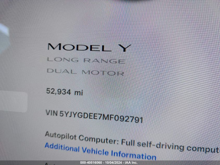 2021 Tesla Model Y Long Range Dual Motor All-Wheel Drive VIN: 5YJYGDEE7MF092791 Lot: 40516060