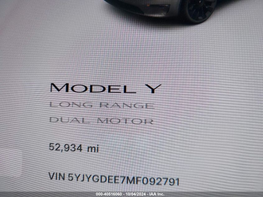 2021 Tesla Model Y Long Range Dual Motor All-Wheel Drive VIN: 5YJYGDEE7MF092791 Lot: 40516060