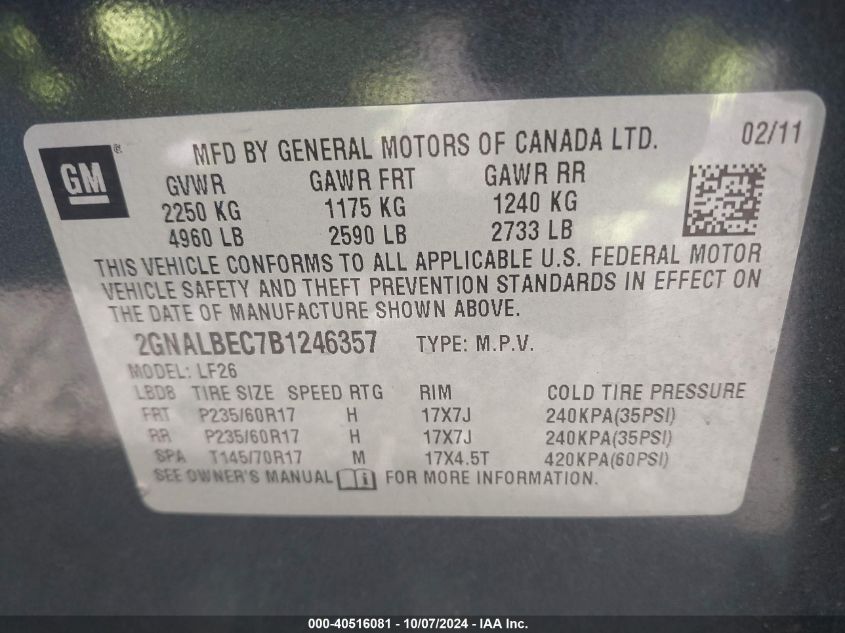 2GNALBEC7B1246357 2011 Chevrolet Equinox Ls