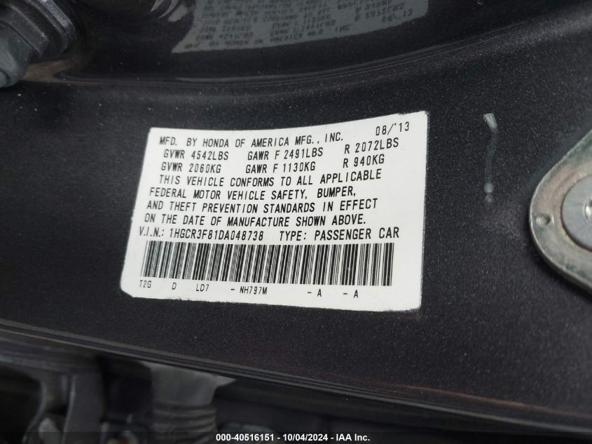 1HGCR3F81DA048738 2013 Honda Accord Ex-L V-6