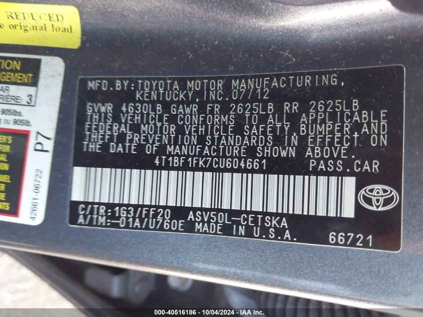 4T1BF1FK7CU604661 2012 Toyota Camry Se