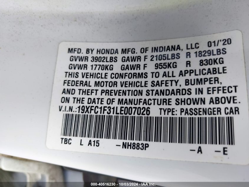 19XFC1F31LE007026 2020 Honda Civic Ex