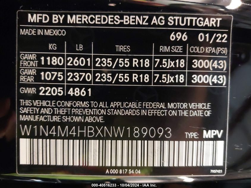 2022 Mercedes-Benz Glb 250 4Matic VIN: W1N4M4HBXNW189093 Lot: 40516233