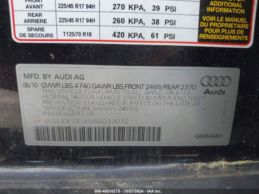 2011 Audi A3 2.0T Premium VIN: WAUDFAFM5BA039032 Lot: 40516275