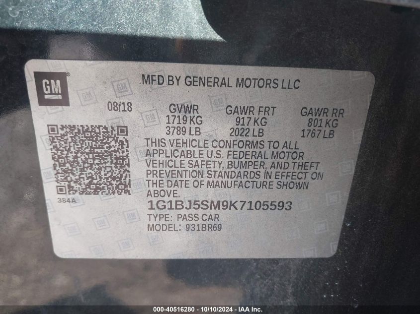 1G1BJ5SM9K7105593 2019 Chevrolet Cruze Cvt (Fleet Orders Only)