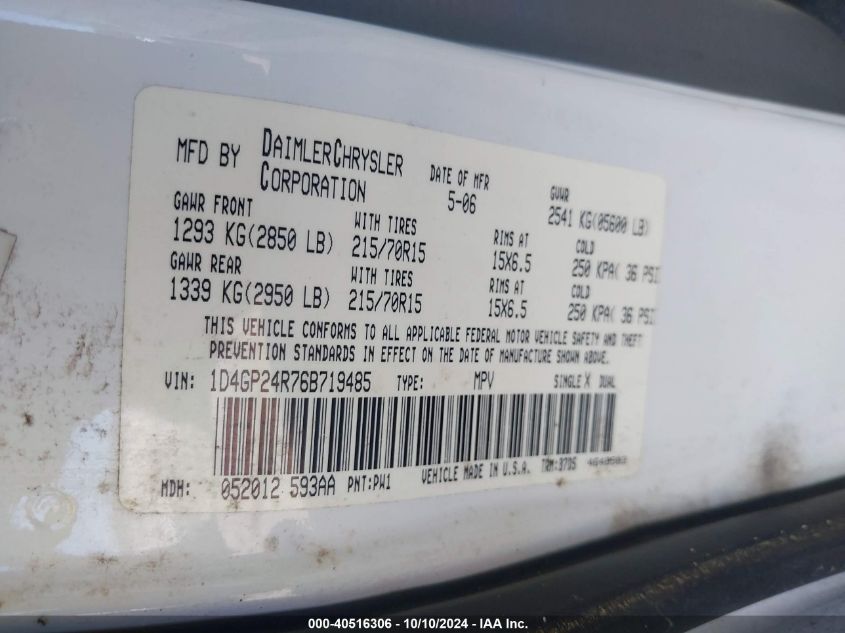 2006 Dodge Grand Caravan Se VIN: 1D4GP24R76B719485 Lot: 40516306