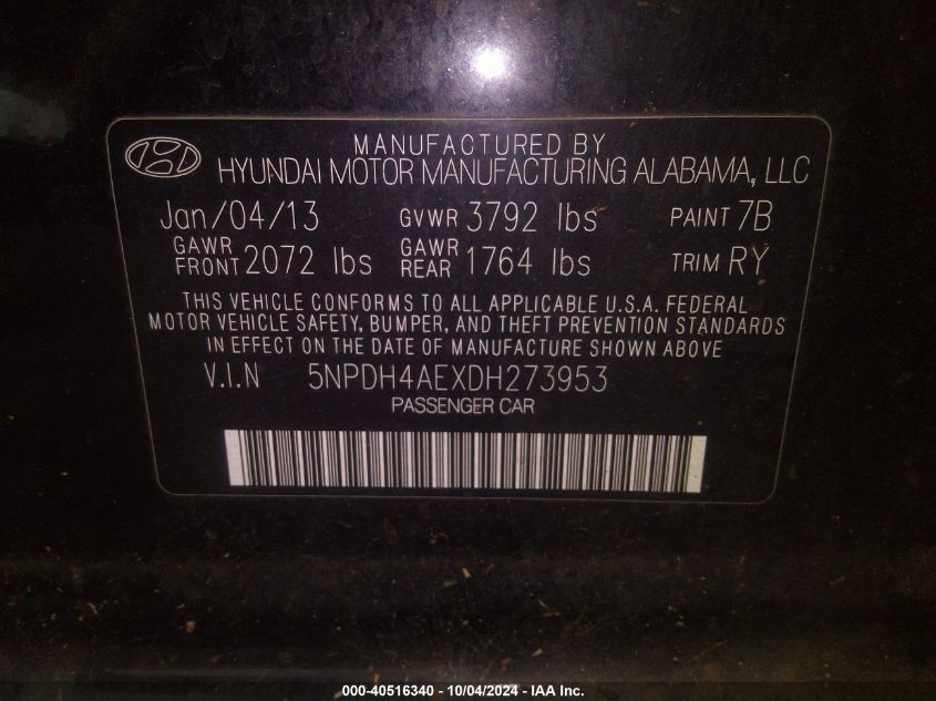 5NPDH4AEXDH273953 2013 Hyundai Elantra Limited