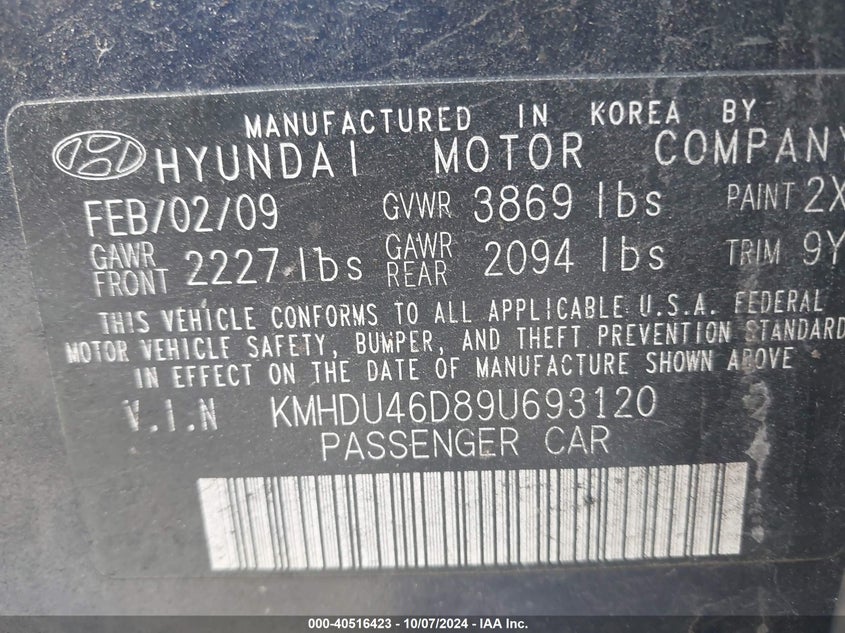 KMHDU46D89U693120 2009 Hyundai Elantra Se
